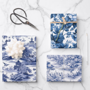 Traditional Toile de Jouy, Blue Willow Patterns Wrapping Paper Sheet