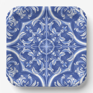 Traditional Tribal Watercolor Portuguese Azulejos Paper Plate