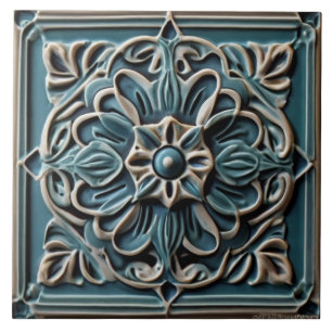 Traditional Turquoise Teal Faux Relief Flower Tile