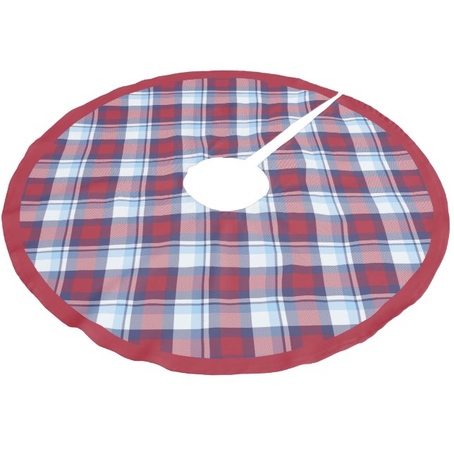 Traditional USA Red White Blue Tartan Pattern Brushed Polyester Tree Skirt (Angled)