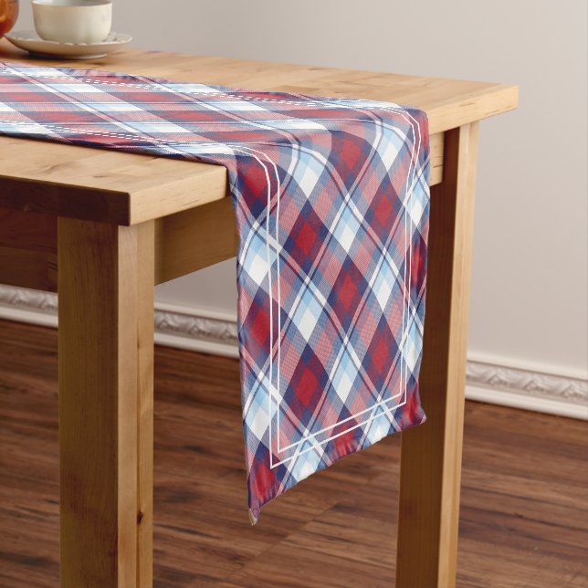 Traditional USA Red White Blue Tartan Pattern Short Table Runner (In Situ)