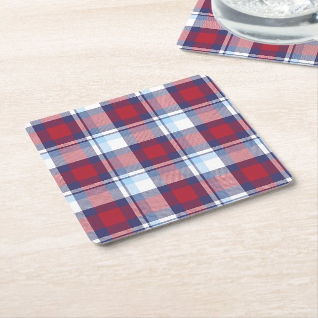 Traditional USA Red White Blue Tartan Pattern Square Paper Coaster (Angled)