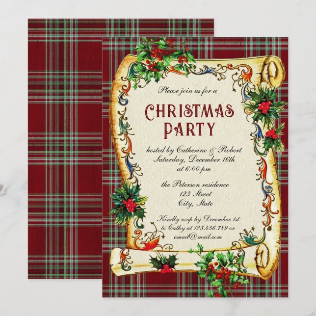 Traditional Vintage Christmas Party Scroll Plaid Invitation (Front/Back)