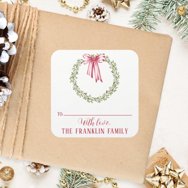 Traditional Watercolor Christmas Wreath To & From Square Sticker (Creator Uploaded)