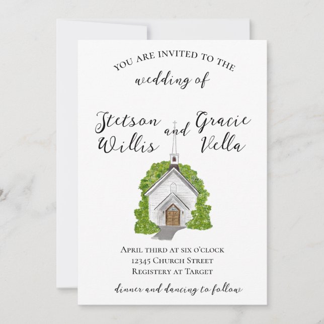 Traditional Watercolor Church Wedding Invite (Front)