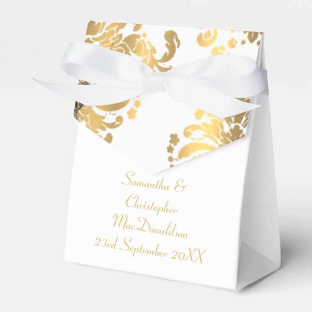 Traditional white and gold damask wedding favor box (Front Side)