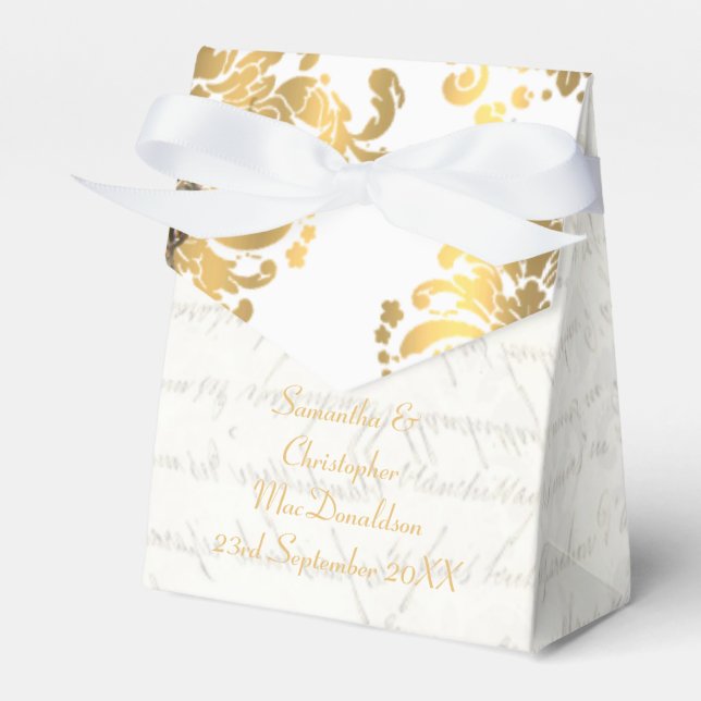 Traditional white parchmentand gold damask wedding favor box (Front Side)
