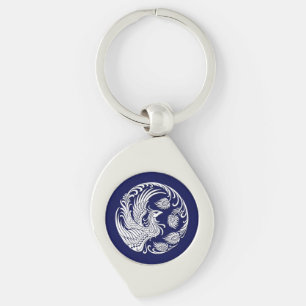 Traditional White Phoenix Circle on Blue Keychain