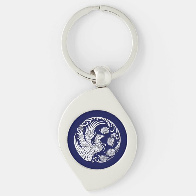 Traditional White Phoenix Circle on Blue Keychain (Front)