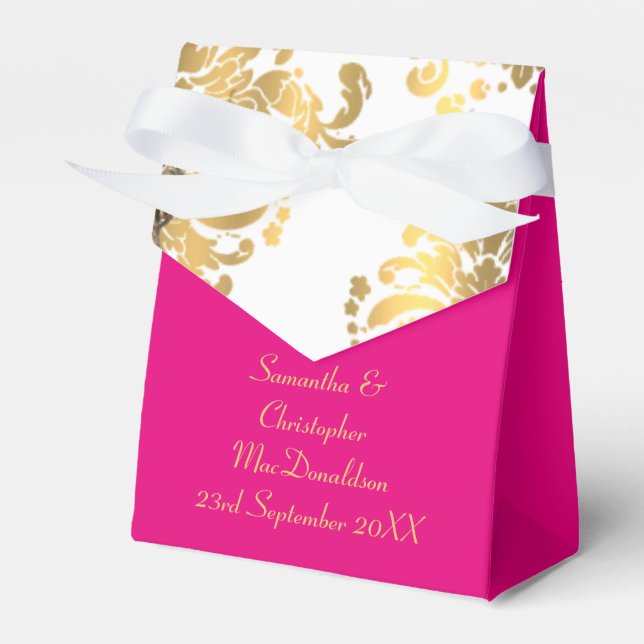 Traditional white, pink and gold damask wedding favor box (Front Side)