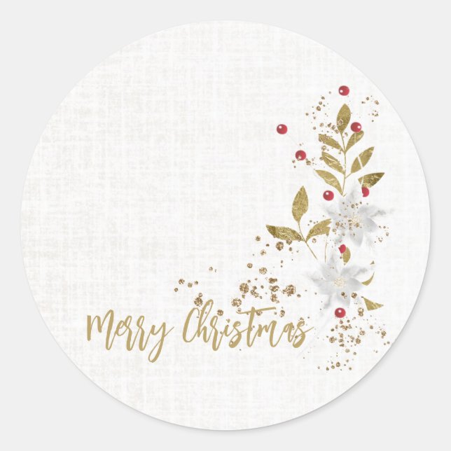 Traditional White Poinsettia and Berries Gift Classic Round Sticker (Front)