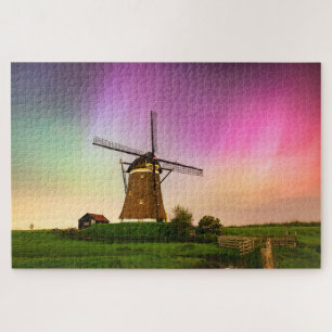 Traditional windmill under the Northern Lights Jigsaw Puzzle