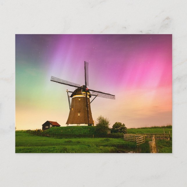Traditional windmill under the Northern Lights Postcard (Front)