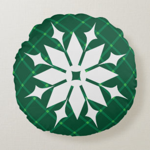 Traditional winter holidays green plaid snowflake round pillow