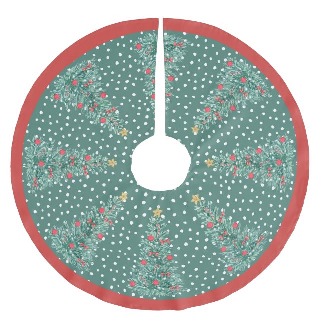 Traditional Winter Snow Green Christmas Tree Brushed Polyester Tree Skirt (Front)