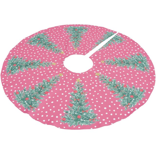 Traditional Winter Snow Pink Christmas Tree Brushed Polyester Tree Skirt (Angled)