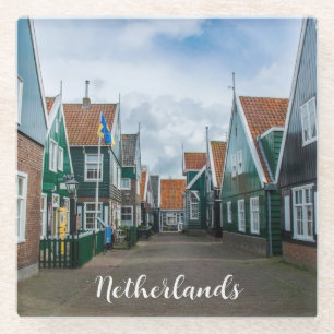 Traditional wooden houses in Marken village Glass Coaster