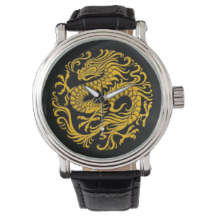 Traditional Yellow and Black Chinese Dragon Circle Watch