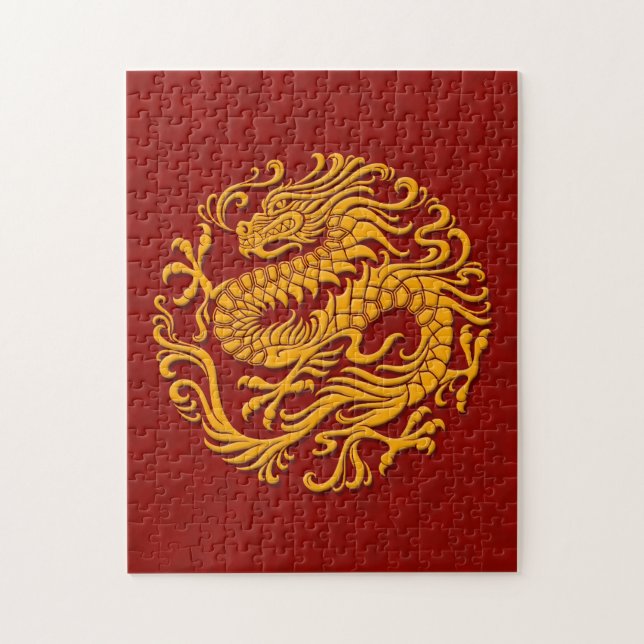 Traditional Yellow and Red Chinese Dragon Circle Jigsaw Puzzle (Vertical)