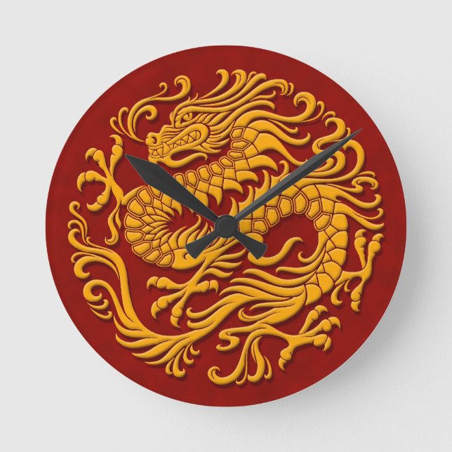 Traditional Yellow and Red Chinese Dragon Circle Round Clock (Front)