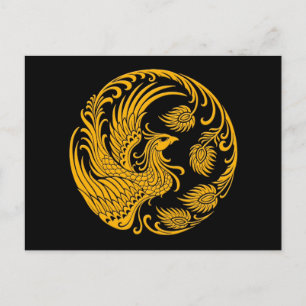 Traditional Yellow Phoenix Circle on Black Postcard