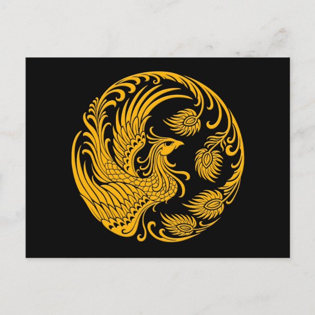 Traditional Yellow Phoenix Circle on Black Postcard (Front)