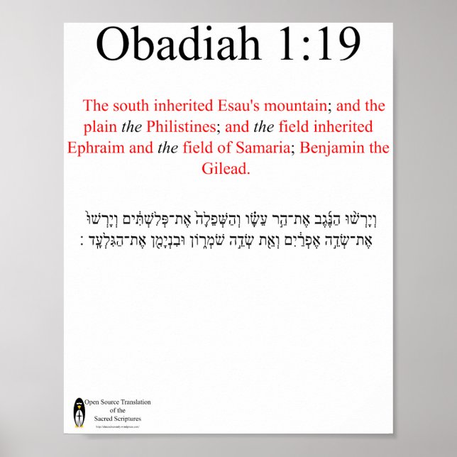Traduction Open Source Obadiah 1:19 Affiche (Devant)