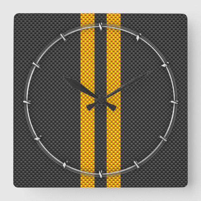 Traffic Yellow Racing Stripes Carbon Fibre Style Square Wall Clock (Front)