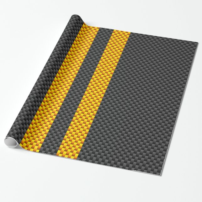 Traffic Yellow Racing Stripes Carbon Fibre Style Wrapping Paper (Unrolled)