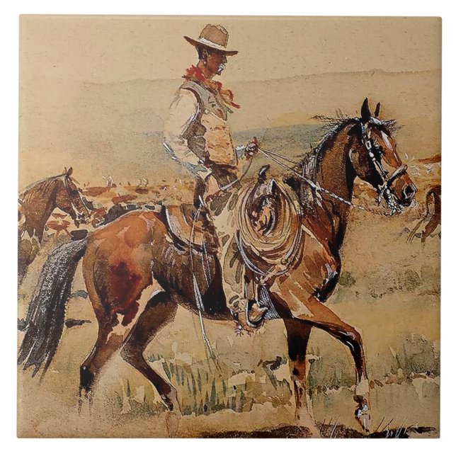 “Trail Drive”  2 Western Art by Edward Borein Tile (Front)