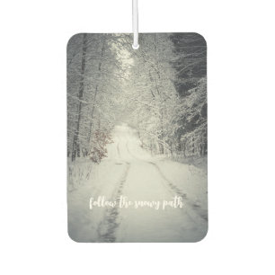 Trail through a snow-covered winter forest air freshener