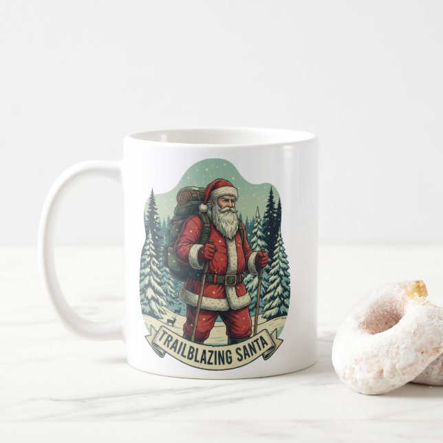 Trailblazing Santa Hiking Adventure Design Coffee Mug (With Donut)