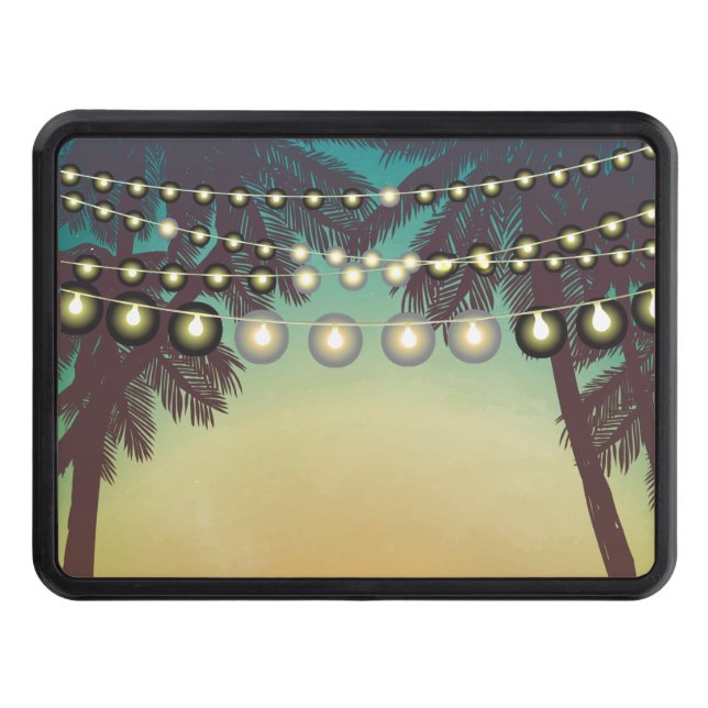 Trailer Hitch Beach Sunset Palm Trees String Light Trailer Hitch Cover (Front)