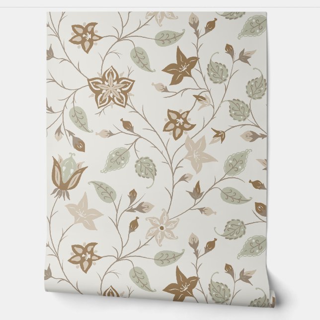 Trailing Floral - Paisley - Beige And Sage Green Wallpaper (Unrolling)
