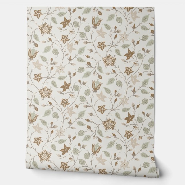 Trailing Floral - Paisley - Beige And Sage Green Wallpaper (Unrolling)