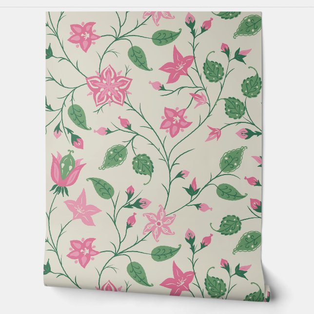 Trailing Floral - Paisley - Bright Pink And Green  Wallpaper (Unrolling)