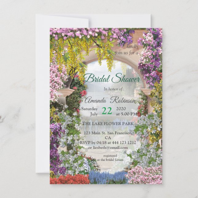 Trailing flowers over an archway at the lake invitation (Front)