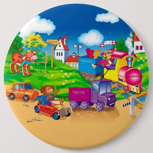 train and car 6 inch round button (Front)