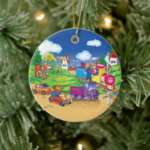 train and car ceramic ornament