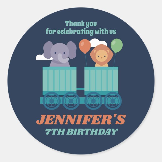 Train and Cute Animals Kids Birthday Party Favour Classic Round Sticker (Front)