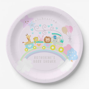 Train Animals Pastel Baby Pink Paper Plate