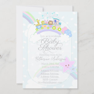 Train Animals Pastel Blue Baby Shower Holiday Card