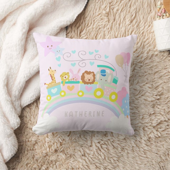 Train Animals Pink Throw Pillow (Blanket)
