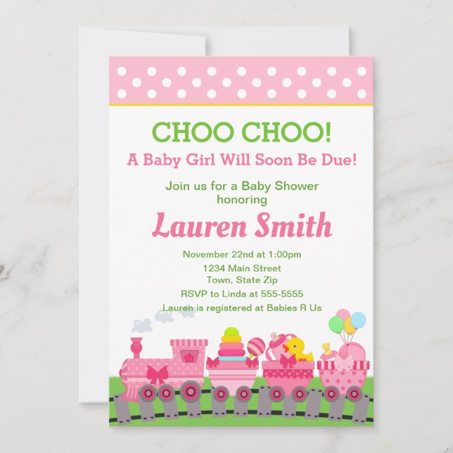 Train Baby shower Invitation Baby Girl Train (Devant)