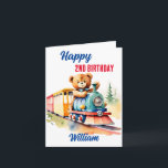 Train birthday cute teddy bear driving toy train card<br><div class="desc">Train birthday cute teddy bear driving toy train toddler birthday party template greeting card,  colourful watercolor red and and blue font for trains or teddy bear themed birthday party.</div>