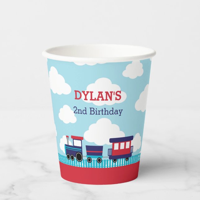 Train Birthday Paper Cups (Navy Red) (Front)