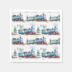 Train Birthday Party Baby Shower Watercolor Blue Napkin