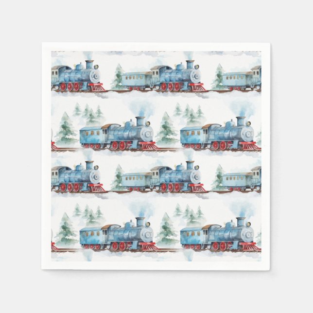 Train Birthday Party Baby Shower Watercolor Blue Napkin (Front)