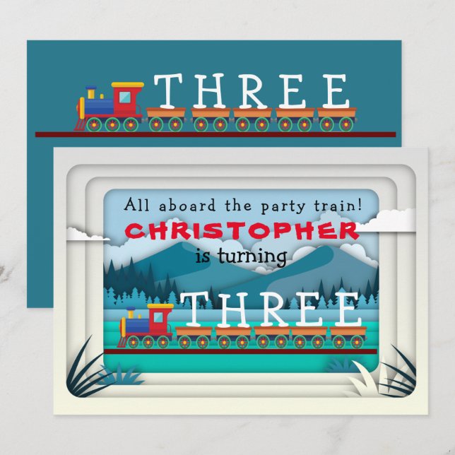 Train Birthday Party Invitation Add Name Age Boy  (Front/Back)