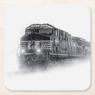Train Black and White train tracks Square Paper Coaster